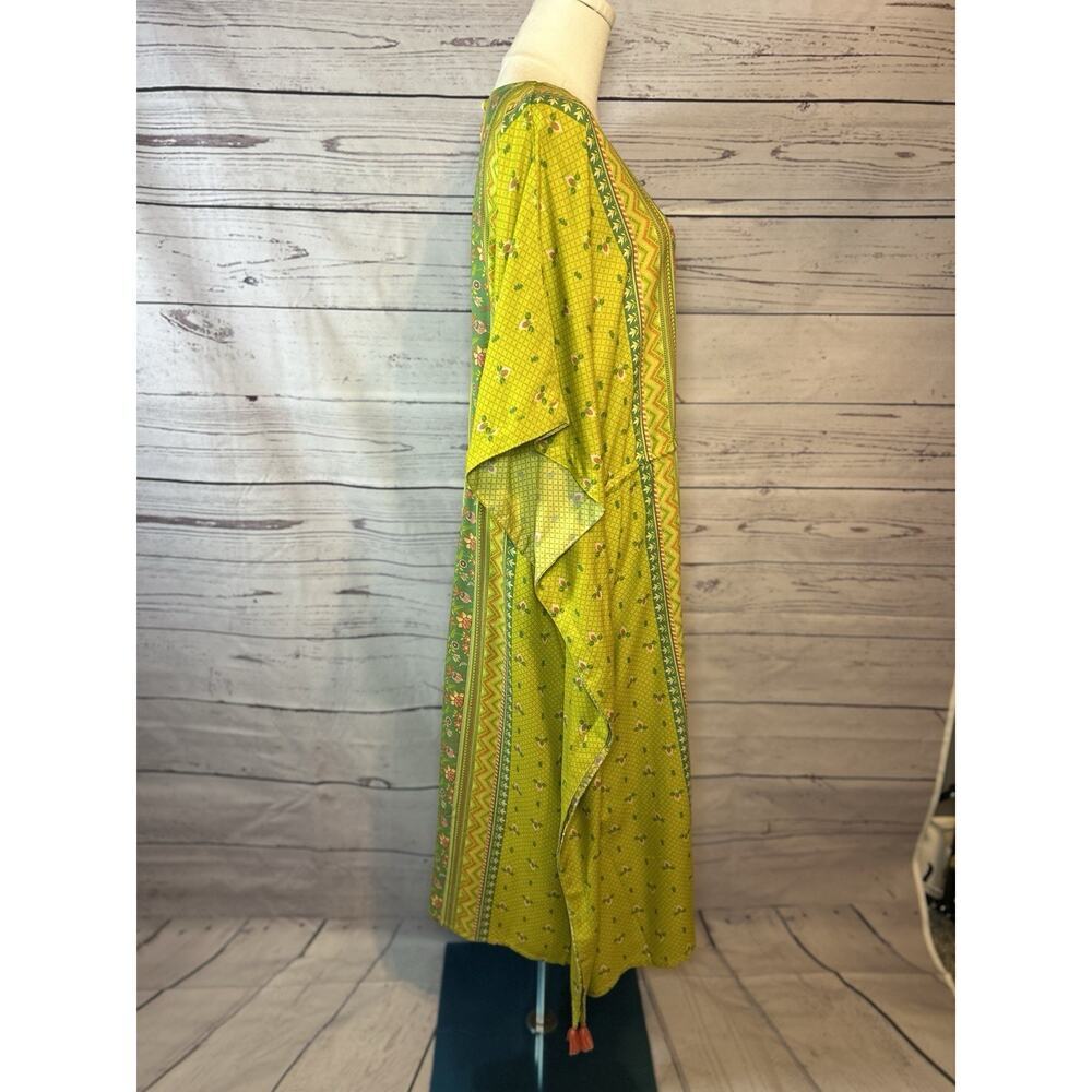 Boho Floral Geometric Tassel Fringe Dress Green Pink Tropical Tunic L - Picture 3 of 9